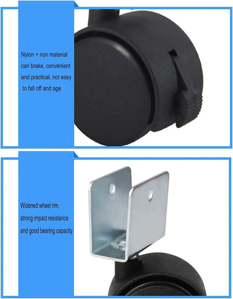 Heavy Duty 1.5 Inch Swivel Caster Wheels With Locking Brake For Furniture, close-up of nylon wheel and metal U-shaped bracket.