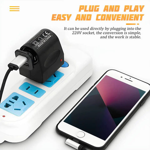 Plug And Go AC To DC Conversion Wall Outlet Adapter connected to power strip charging smartphone.