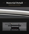 Close-up of polished blade and full view of Wakizashi Iaito for Iaido Training, Unsharpened Stainless Steel Sword with 21 Inch Fuller Blade.