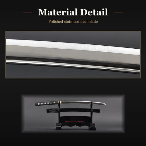 Close-up of polished blade and full view of Wakizashi Iaito for Iaido Training, Unsharpened Stainless Steel Sword with 21 Inch Fuller Blade.