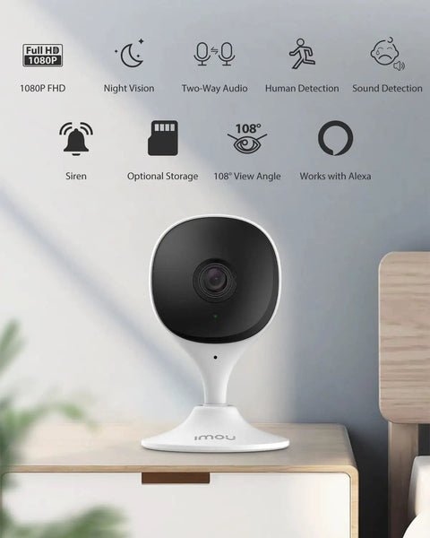 Indoor security cam showcasing Two Pack 1080P Indoor Security Cams With Night Vision, 2 Way Audio, Alexa compatibility on a table.