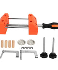 Durable Home Vise Table Work Bench Clamp With Stainless Steel Body And Non Slip Abs Jaws For Easy Woodworking Clamping Projects Plus Quick Clip Installation showing vise clamp with accessories and wooden dowels.
