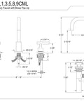 Technical diagram for Manhattan Widespread Bathroom Faucet With Pop Up Drain in Polished Chrome, Solid Brass, Deck Mount 8 to 16 Inches