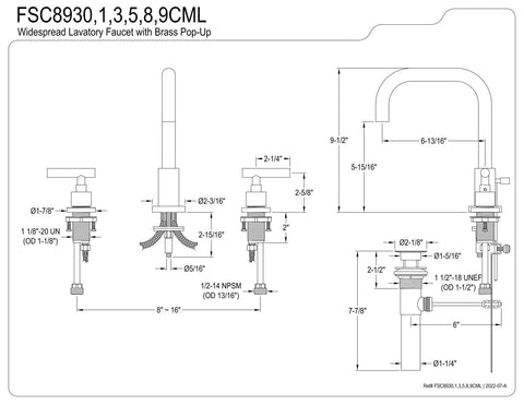 Technical diagram for Manhattan Widespread Bathroom Faucet With Pop Up Drain in Polished Chrome, Solid Brass, Deck Mount 8 to 16 Inches