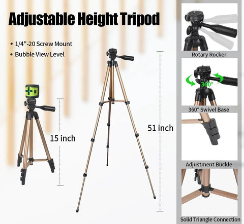 Pro Grade Green Cross Line Laser Level With Tripod, Self Leveling 100 Ft Range, 360 Degree Swivel Base For Construction And Leveling Projects, Batteries And Carry Bag Included, adjustable height tripod 15 to 51 inch