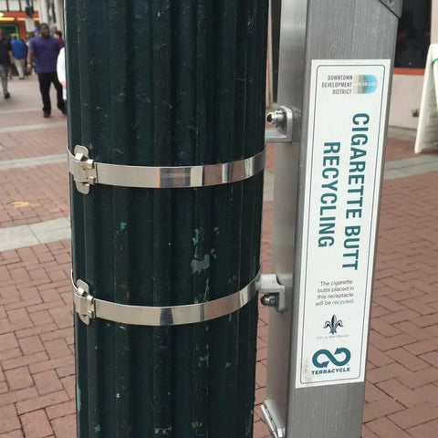 Five Eighths Inch Wide 304 Stainless Steel Band By Three Hundredths Inch Thick One Hundred Feet Long Heavy Duty for custom clamps and forming on a cigarette butt recycling bin.