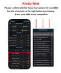 Phone display showing BMS settings for Premium Communication Interface Board For Smart Bms with protocol options.