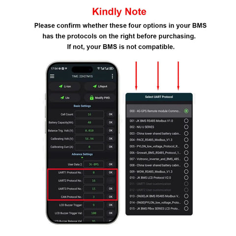Phone display showing BMS settings for Premium Communication Interface Board For Smart Bms with protocol options.