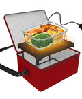 Compact 110V Portable Food Warmer heating meal inside transparent container, red lunch box with plug, ideal for office and travel.