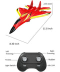 Ready To Fly Foam RC Airplane For Kids And Adults, showing dimensions and controller interaction, 2 Channel Gyro RC Plane