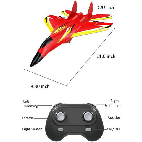 Ready To Fly Foam RC Airplane For Kids And Adults, showing dimensions and controller interaction, 2 Channel Gyro RC Plane