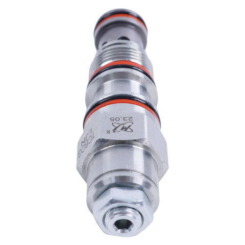 Sun Hydraulics Compatible Balance Valve in silver metal with red O-rings for easy plug and play installation in hydraulic circuits.