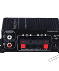 Rear view of 12V 2 Channel Mini Digital Car Audio Power Amplifier For DIY Home Garage Use With RCA MP3 Input And LED Volume Knob, Red, showing audio ports.