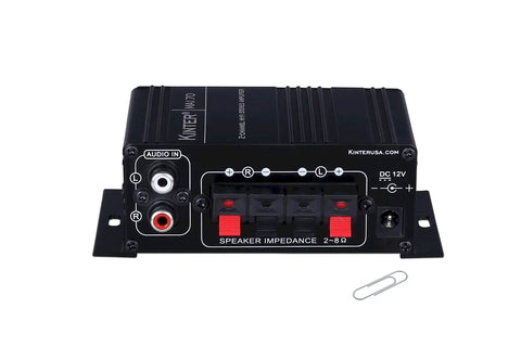Rear view of 12V 2 Channel Mini Digital Car Audio Power Amplifier For DIY Home Garage Use With RCA MP3 Input And LED Volume Knob, Red, showing audio ports.