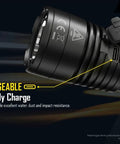 Beast Mode Long Throw 1300 Lumen Tactical Flashlight with 519 Yards Reach USB-C Rechargeable showing charging port, next to text.