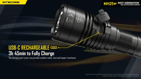 Beast Mode Long Throw 1300 Lumen Tactical Flashlight with 519 Yards Reach USB-C Rechargeable showing charging port, next to text.