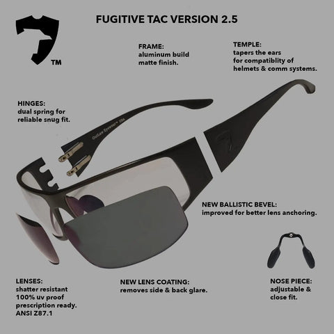 Fugitive TAC Spartan Version 2.5 Photochromic Sunglasses with aluminum frame, dual spring hinges, temple compatibility for helmets.