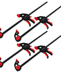 Four 24 Inch Bar Clamp And 31 Inch Spreader Set For Woodworking Quick Release Clamps with red soft pads and reversible jaws.