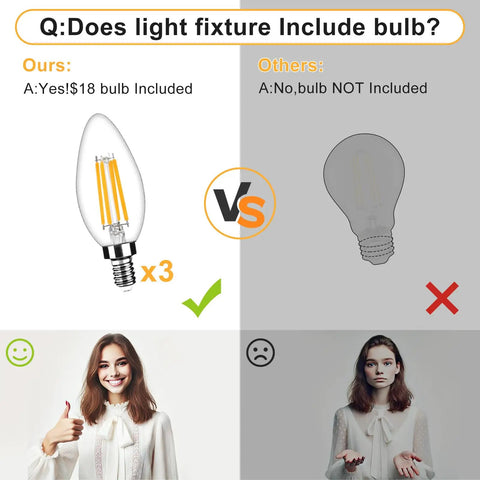 Comparison of light bulb inclusion for Three Light Vintage Pendant Chandelier In Matte Black With Spherical Shades