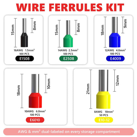 450Pcs Ferrule Connectors Kit With Tinned Copper Bootlace Ferrules For RV Automotive Audio And Solar Wiring, Heavy Gauge 16 To 8 AWG Assorted Terminals In Handy Storage Case, Pro Grade Wire Ferrules Set. Color-coded ferrules 16-8 AWG