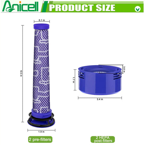 V8 And V7 Vacuum Filter Replacement With 2 HEPA Post Filters And 2 Pre Filters product size dimensions