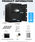 Product information for Big Ol 2.5 Cu Ft Fireproof Waterproof Safe Box For Documents And Valuables With Digital Keypad, Emergency Battery, And Combination Lock, Steel Security Personal Safe For Money Cash, showing open door, dimensions, and contents.