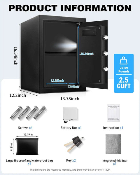 Product information for Big Ol 2.5 Cu Ft Fireproof Waterproof Safe Box For Documents And Valuables With Digital Keypad, Emergency Battery, And Combination Lock, Steel Security Personal Safe For Money Cash, showing open door, dimensions, and contents.