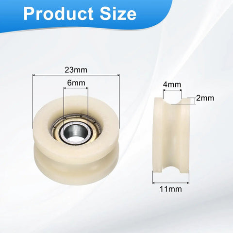 Straight Up Tough Eight Pack U Groove Plastic Guide Bearing Pulley Wheels Designed For Smooth Sliding Doors And Heavy Duty Conveyor Track Automation Hardware, dimensions shown.
