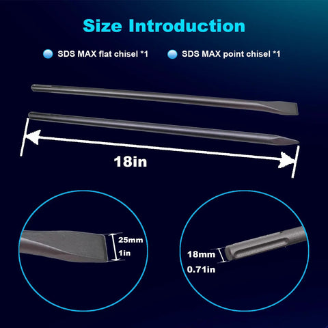 18 Inch SDS Max Chisel Set Heavy Duty Pro Grade With Point And Flat Chisels For Concrete Demolition And Tile Removal Fits All SDS Max Hammer Drills Breakers And Jackhammers Made From 40Cr Alloy Steel For Tough As Nails Performance, showing size details and measurements.