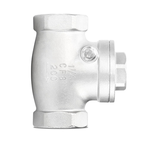 Side view of 1-1/4 in NPT stainless steel swing check valve, 304 stainless, backflow prevention.