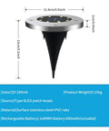 Diagram of 12-Pack Solar Ground Lights 8-LED In-Ground Pathway Lights Outdoor Waterproof, dimensions and materials detailed