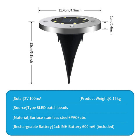 Diagram of 12-Pack Solar Ground Lights 8-LED In-Ground Pathway Lights Outdoor Waterproof, dimensions and materials detailed