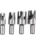 Badass 8 Piece Wood Plug Cutter Set Made From Heavy Duty Carbon Steel With Round Shank Design shows four plug cutters with round shank.