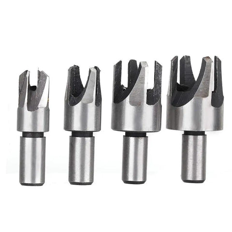 Badass 8 Piece Wood Plug Cutter Set Made From Heavy Duty Carbon Steel With Round Shank Design shows four plug cutters with round shank.