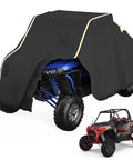 Heavy Duty UTV Cover For 2 To 3 Seaters, Medium Size With Reflective Strip, covering UTV with exposed front wheel on white background