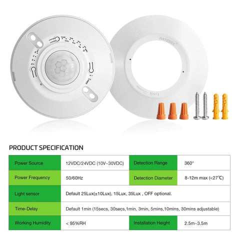Low Voltage Ceiling Motion Sensor Occupancy Detector 360 Degree Field Of View High Sensitivity PIR 12V 24V 10A components