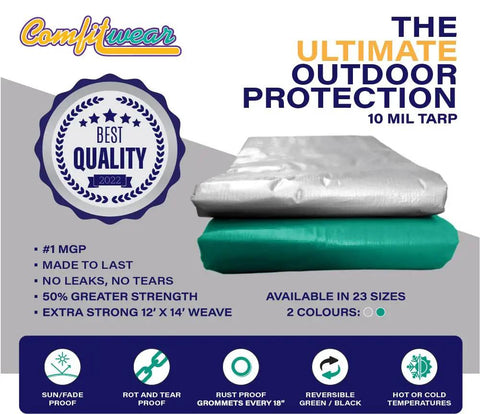 Heavy Duty 12 By 25 Foot Silver And Black Waterproof UV Blocking 10 Mil Poly Tarp for Outdoor Shelter weatherproofing displayed