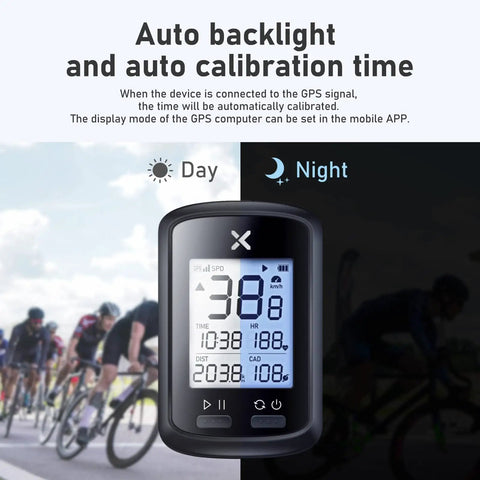 GPS Bike Computer With Mount, Wireless Bluetooth Speedometer, auto backlight display in day and night mode with cyclists background