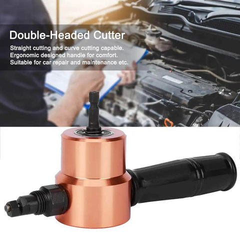 Double Head Sheet Nibbler Metal Cutter Drill Attachment for 360 Degree Cutting in automotive repair setting