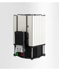 Heavy Duty PTC Cabinet Air Conditioner And Heater Top Notch Aluminum Enclosure With Smart Thermostatic Fan For Six Hundred Watt Cooling and Effortless Dehumidification, side view showing aluminum frame and connection points.
