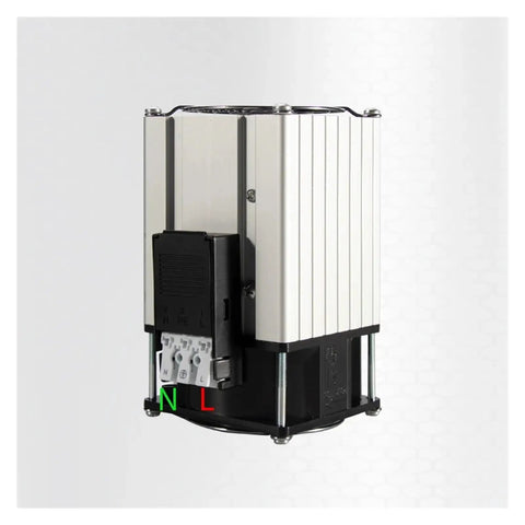 Heavy Duty PTC Cabinet Air Conditioner And Heater Top Notch Aluminum Enclosure With Smart Thermostatic Fan For Six Hundred Watt Cooling and Effortless Dehumidification, side view showing aluminum frame and connection points.