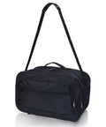 Compact black underseat carry on duffle bag that fits United Airlines 17x10x9 rule, 28L capacity, shown with adjustable shoulder strap.