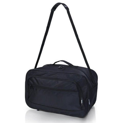 Compact black underseat carry on duffle bag that fits United Airlines 17x10x9 rule, 28L capacity, shown with adjustable shoulder strap.
