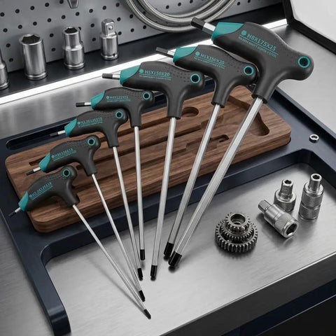 Check Out This Sick T-Type Hex Key Set With 7 Pieces featuring rugged Black Oxide finish for insane leverage on tough bolts, perfect auto repair or DIY furniture tweaks that actually grip tight spots without slipping a single bit. 7-piece T-handle hex key set on workbench