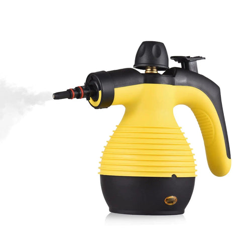 Yellow and black handheld steam cleaner Powerhouse with 1050W heat, heavy duty steam, 3.0 bar, 350ml tank, 9 piece accessory kit.