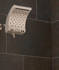 Evolution Shower Head With Patented Water Pressurizing Technology Delivers A Real Power Boost, Brushed Nickel Finish on tile wall
