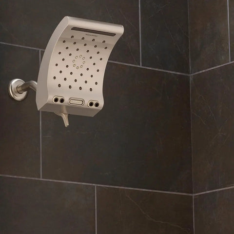 Evolution Shower Head With Patented Water Pressurizing Technology Delivers A Real Power Boost, Brushed Nickel Finish on tile wall