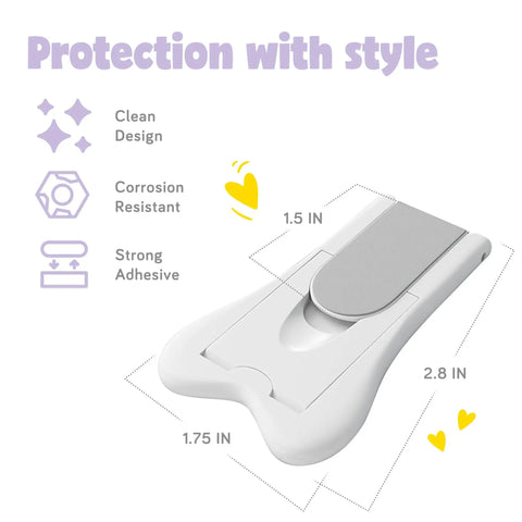 Kidproof Cabinet And Drawer Locks Set Of 2 Easy Install Baby Proofing Latches close-up showing white design with dimensions and features.