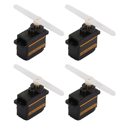 Four Pack Smokin Hot Metal Gear Servo Motor For RC Robot Car Helicopter, black metal housing, white propellers, durable design.