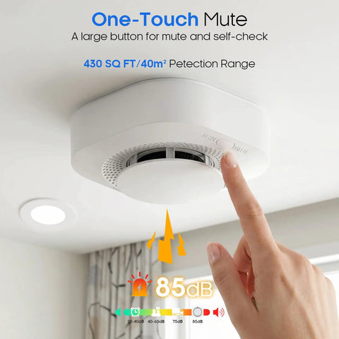 Battery Powered Photoelectric Smoke Alarm For Apartments And Dorm Rooms Standalone Smoke Detector With 85dB Alarm Early Smoldering Fire Warning Easy Install No Wiring Needed Ideal For Rentals And Small Homes on ceiling, white plastic